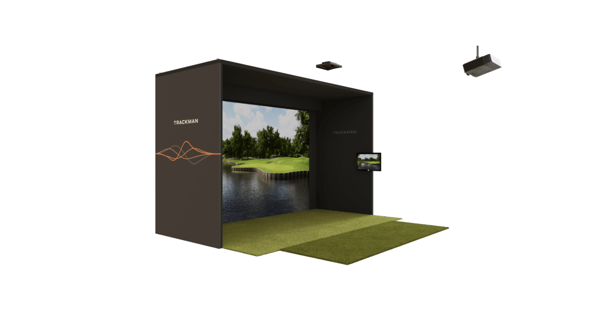 Trackman iO golf simulator with a screen displaying a golf course,  equipped with sensors and a monitor.