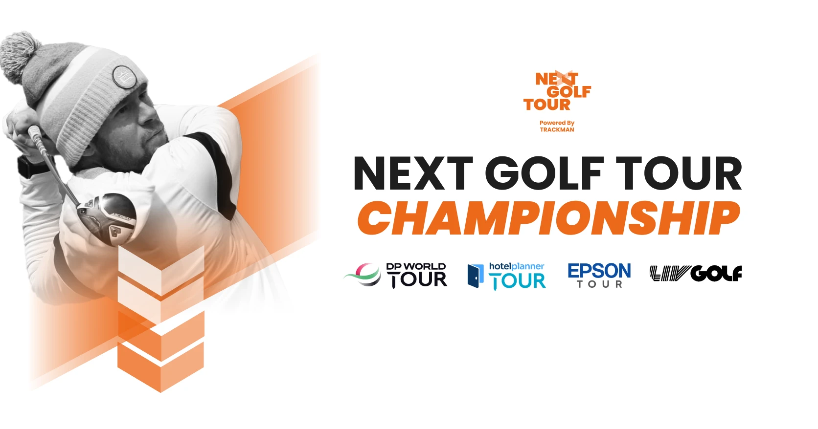 Golfer in mid-swing next to "Next Golf Tour Championship" text, with logos for DP World Tour, Challenge Tour, and others below.