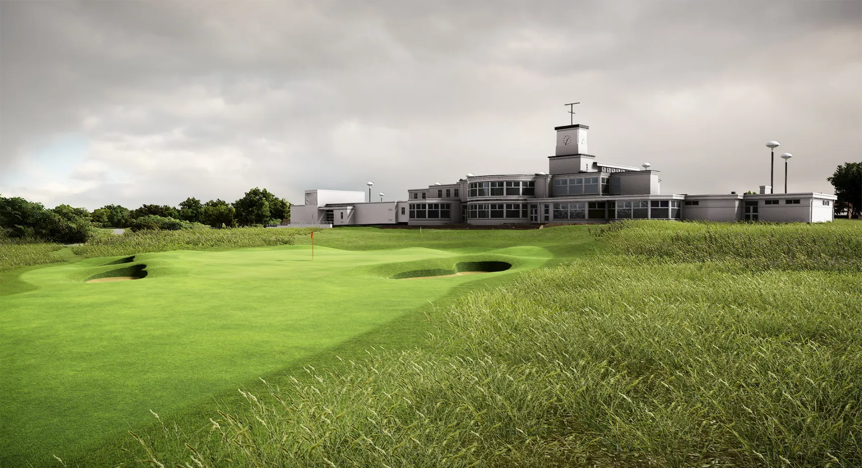 Royal Birkdale golf course with a clubhouse in the background, featuring a green with a flagstick and surrounding tall grass.