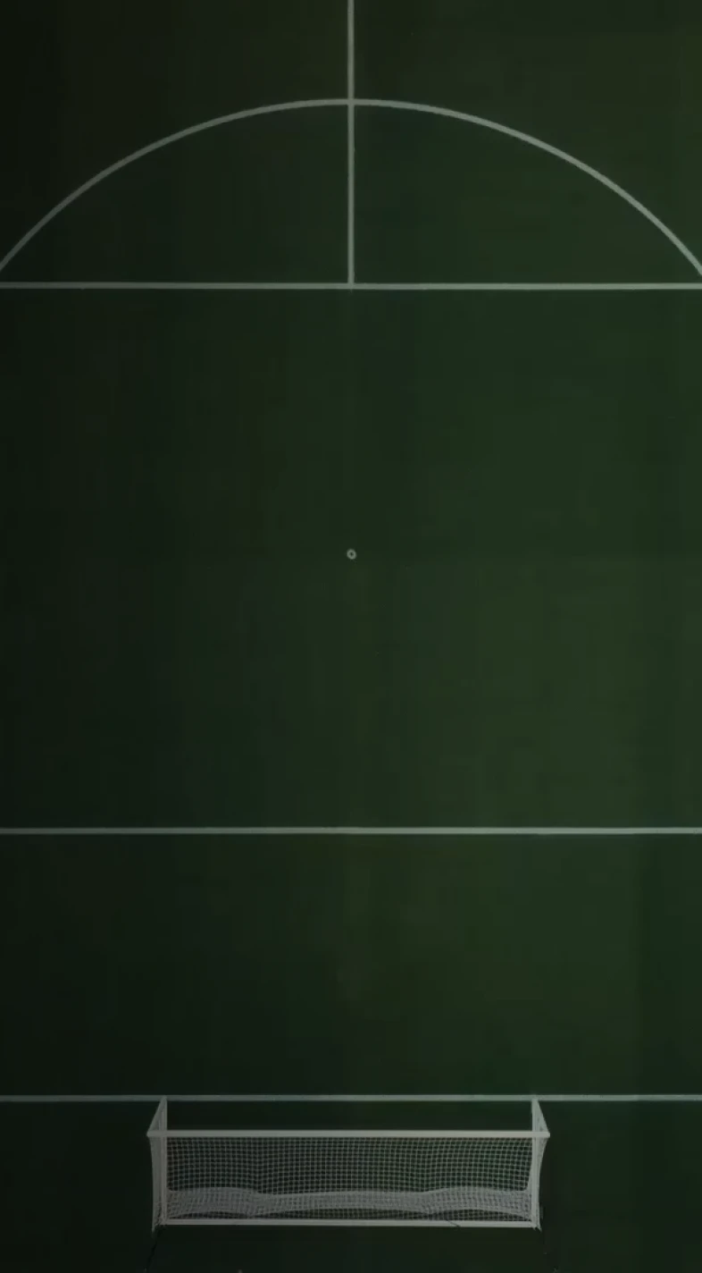 Aerial view of a green soccer field with white lines, center circle, and a goalpost at the bottom.