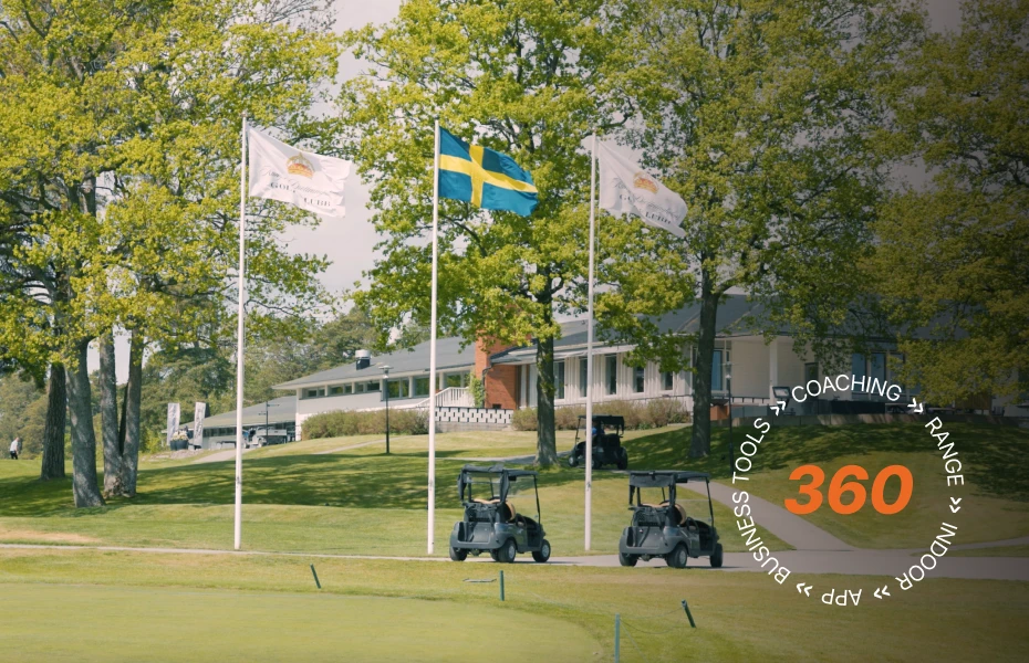Golf course with three flags, including Swedish, flying near a clubhouse. Two golf carts are parked nearby. Green grass and trees surround the area.