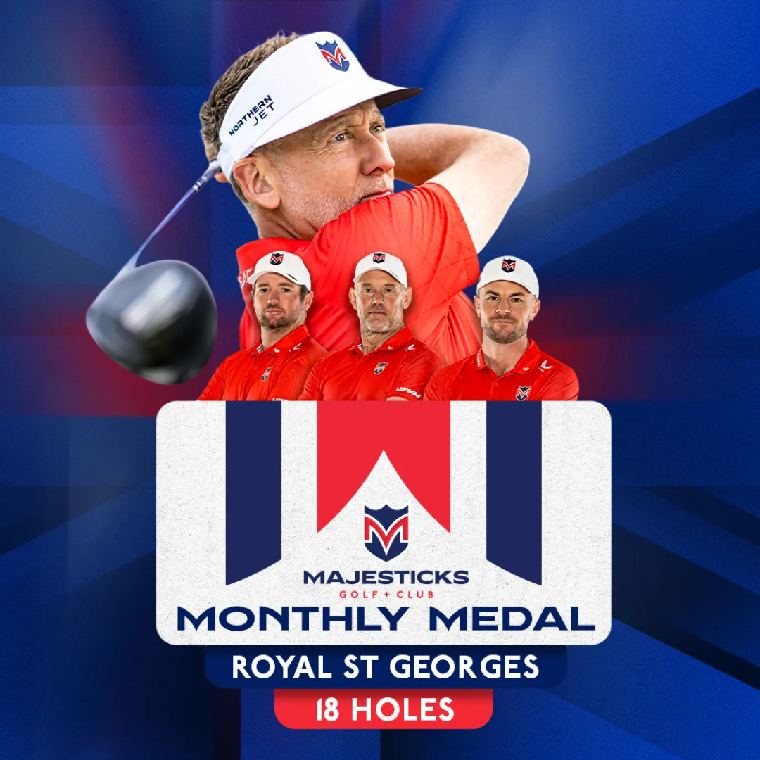 Golfers in red shirts and caps playing at Majesticks Golf Club Monthly Medal, Royal St Georges, 18 Holes, with a flag-themed background.