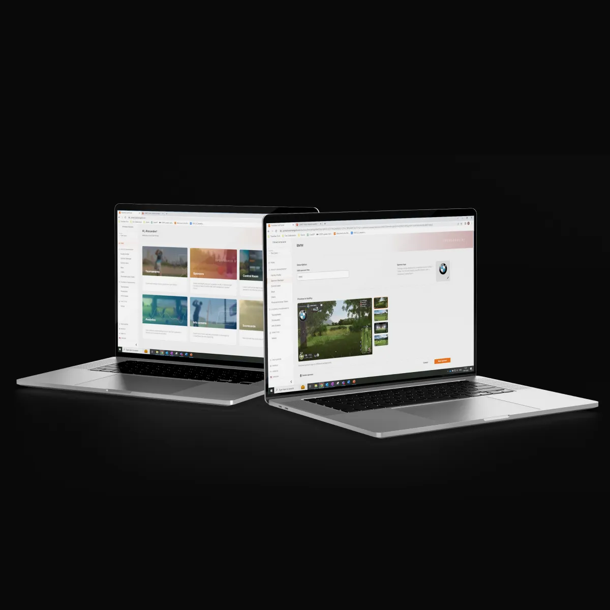 Two open laptops displaying video editing software on their screens, positioned back-to-back against a black background.