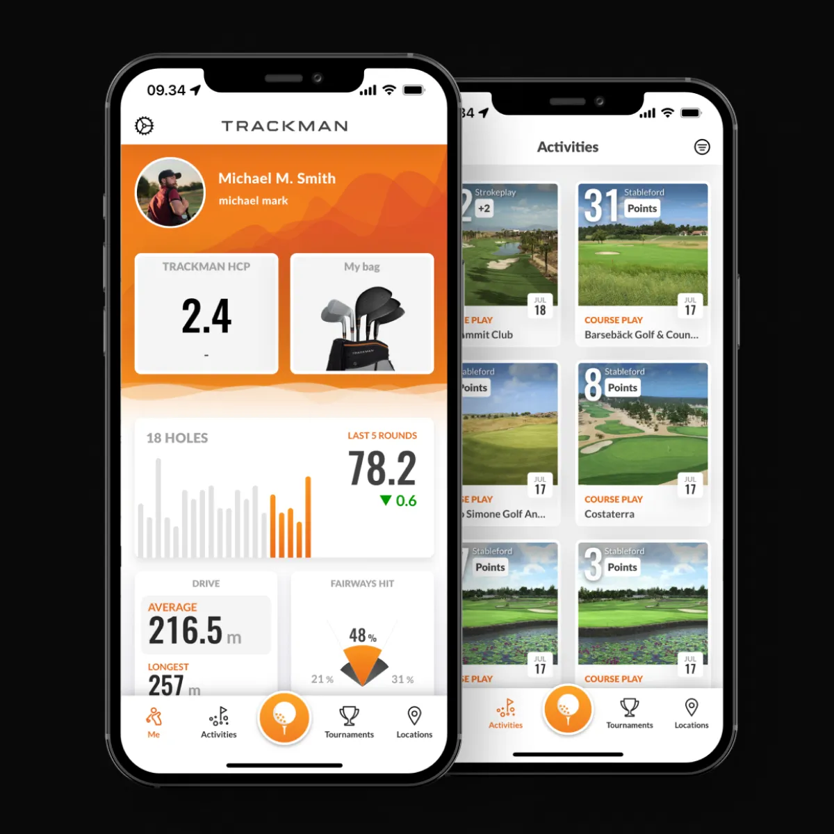 Two smartphones displaying a golf tracking app with statistics, scores, and course images on a black background.