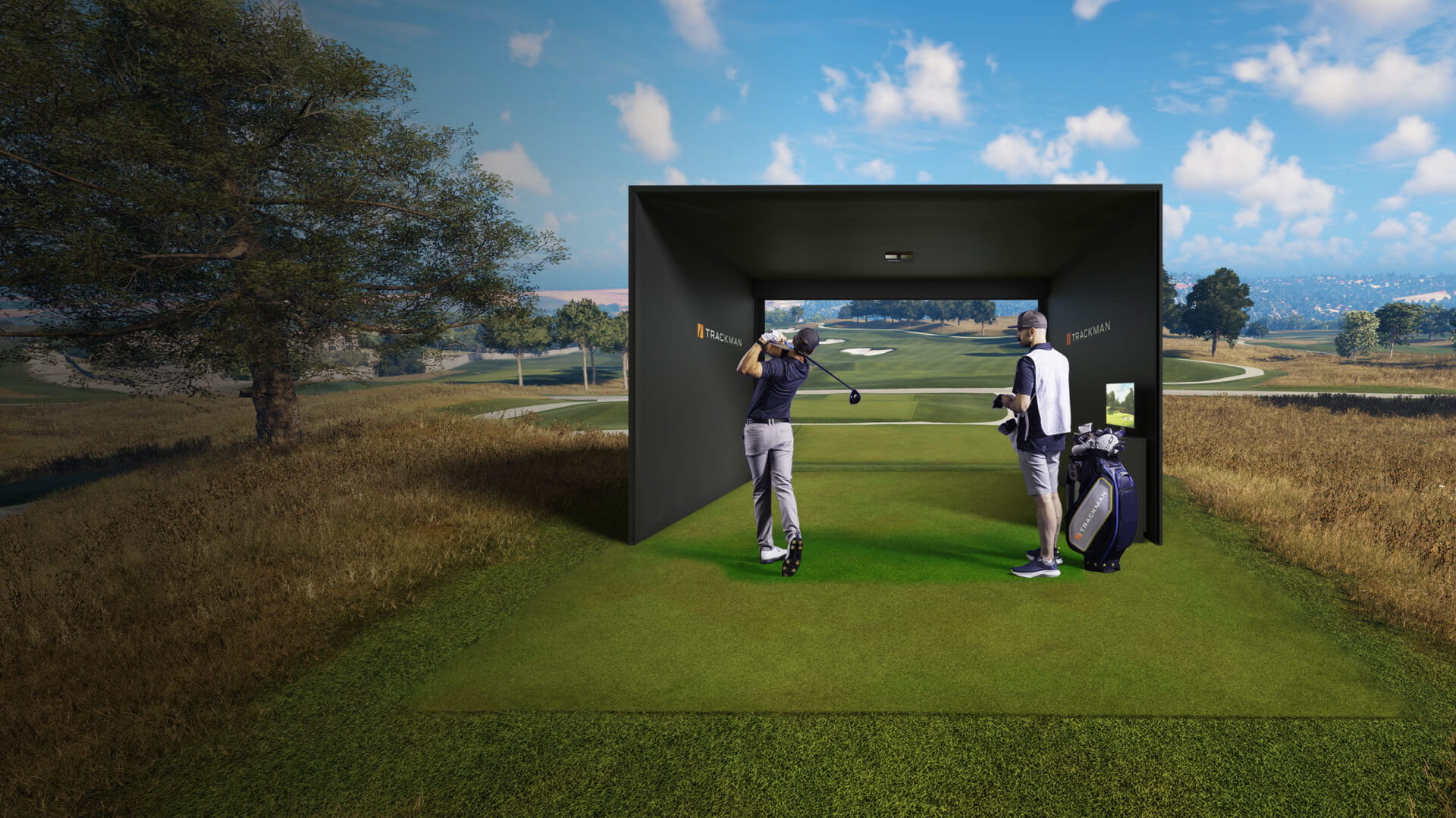 Two golfers in a modern golf simulator, one swinging a club, the other watching. The scene blends with a realistic outdoor golf course backdrop.