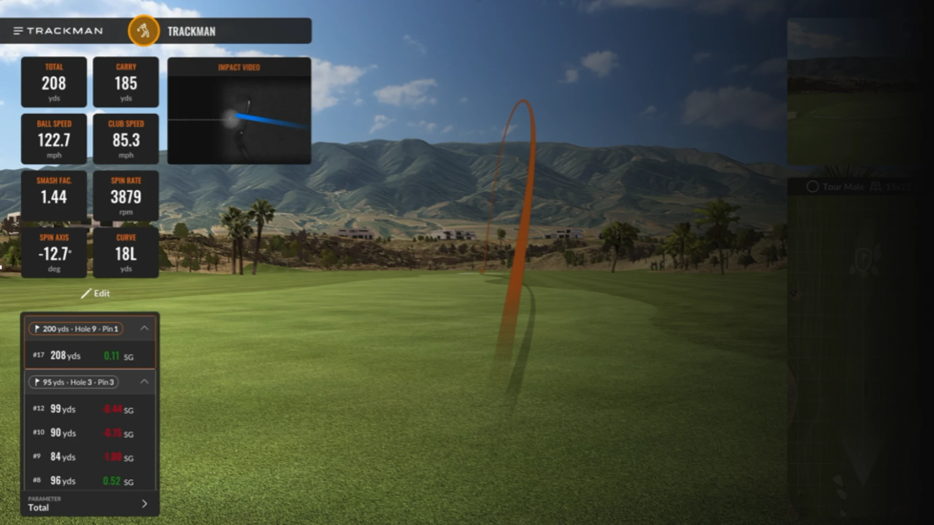 Golf course with ball flight trajectory and data overlay, including distance, speed, and height. Mountains and palm trees in the background.
