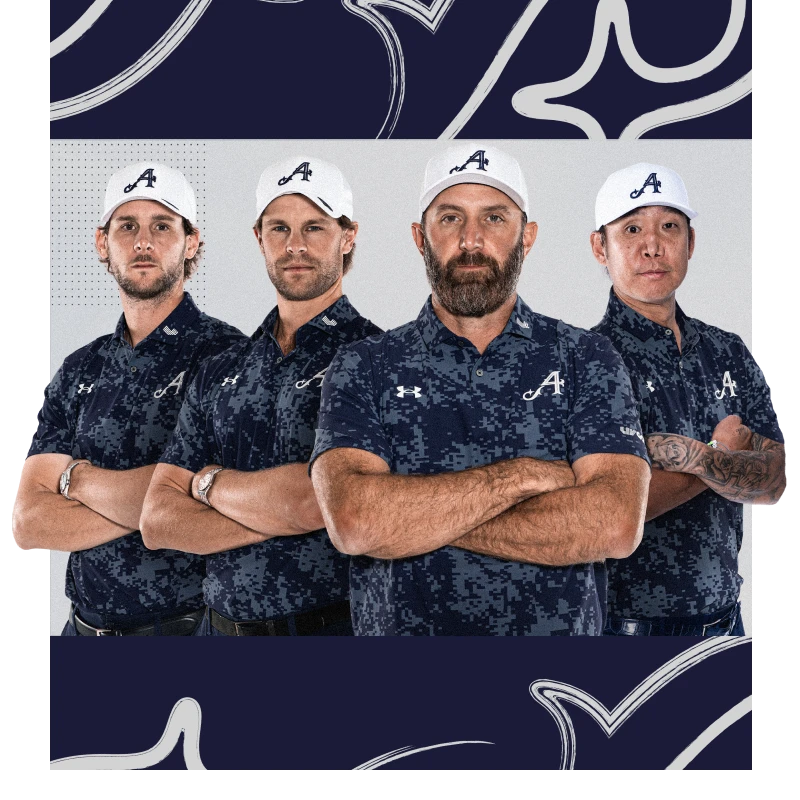 Four men wearing matching navy camouflage golf shirts and white caps stand confidently against a stylized background.